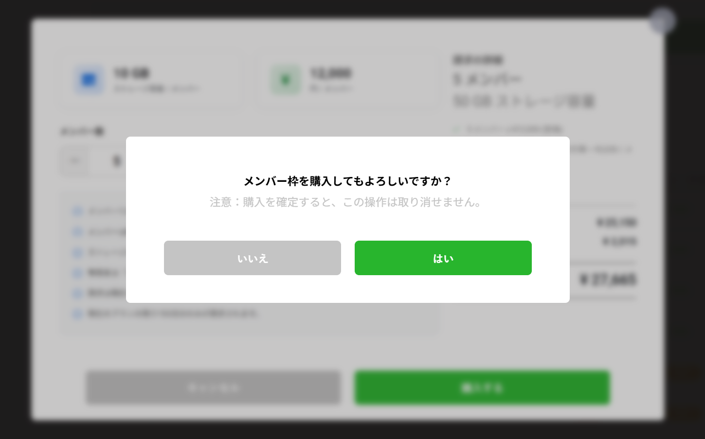 メンバー枠購入の最終確認画面